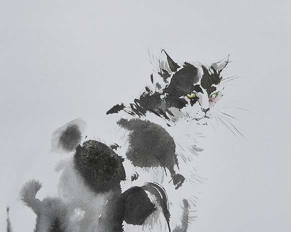 振り向く白黒猫（墨絵、水彩画用紙２４ｃｍ×３４，５ｃｍ） 2枚目の画像