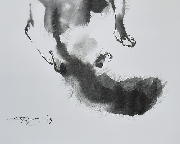 振り向く白黒猫（墨絵、水彩画用紙２４ｃｍ×３４，５ｃｍ） 3枚目の画像