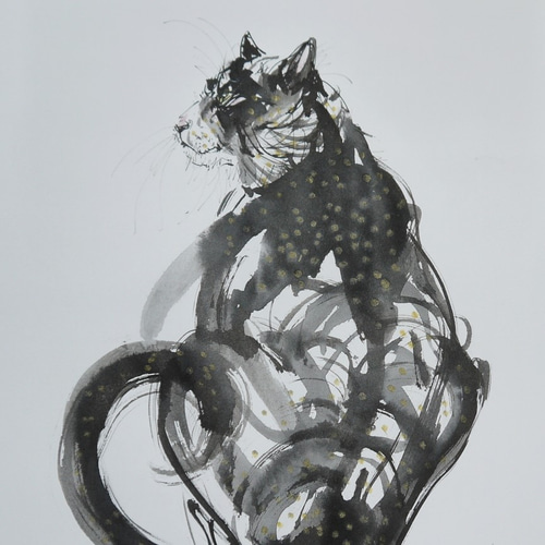 まるで豹。まだら色の猫（墨絵、水彩画用紙24cm×34