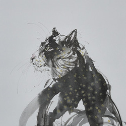 まるで豹。まだら色の猫（墨絵、水彩画用紙２４ｃｍ×３４，５ｃｍ） 2枚目の画像