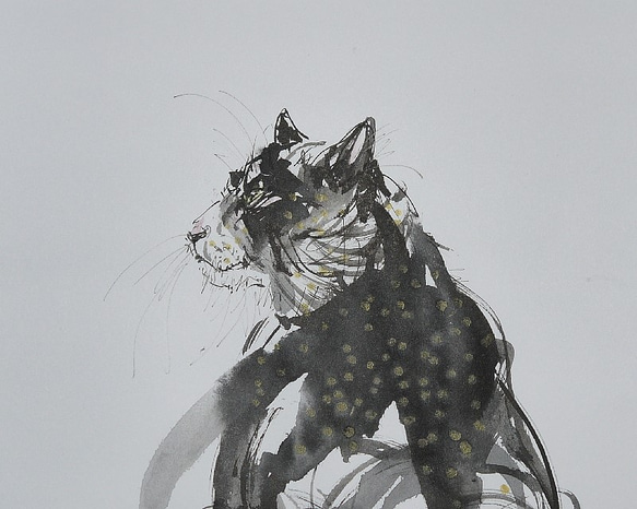 まるで豹。まだら色の猫（墨絵、水彩画用紙２４ｃｍ×３４，５ｃｍ） 2枚目の画像