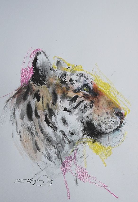 優しいトラ（墨絵、水彩、水彩画用紙２４，５ｃｍ×３５ｃｍ） 1枚目の画像