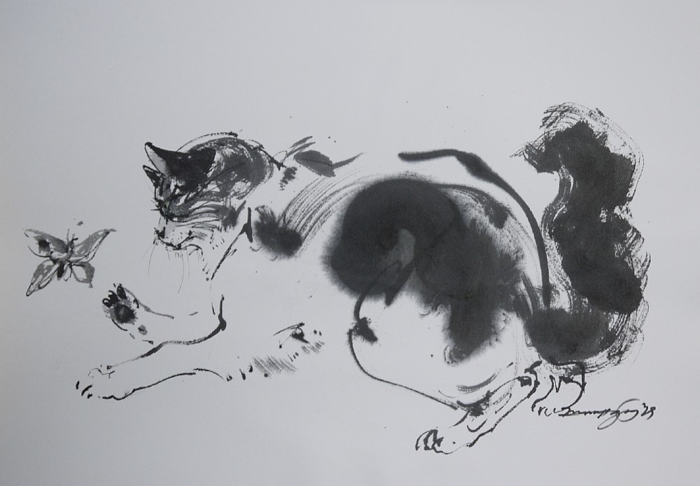 蝶々と遊ぶ猫（墨絵、水彩画用紙24cm×34cm） 絵画