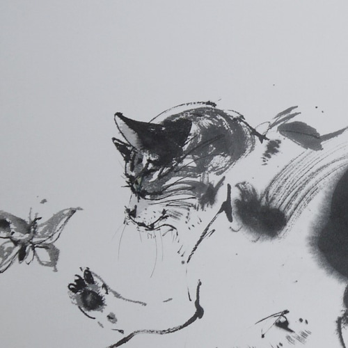 書　墨絵　A4サイズ　タイトル『猫と花』              紗々 蝶々と遊ぶ猫（墨絵、水彩画用紙24cm×34cm） 絵画