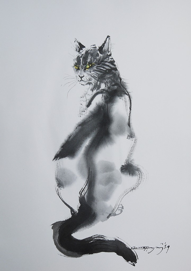 すらっとした猫（墨絵、23cm×34cm、水彩画用紙） 絵画