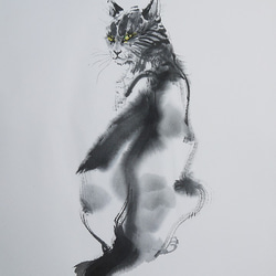 すらっとした猫（墨絵、23cm×34cm、水彩画用紙） 絵画