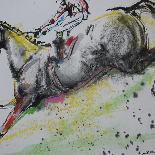 競馬、障害飛越レース（墨絵、27cm×38cm） 絵画 ELIXIR OF