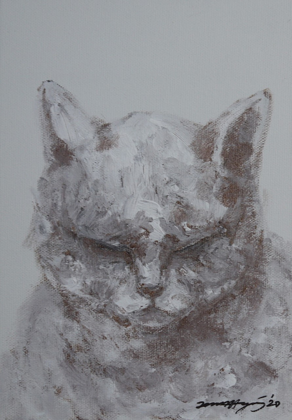 瞑想する猫２０２０，１(SM,アクリル画、キャンバス　22,7cm×15,8cm) 1枚目の画像