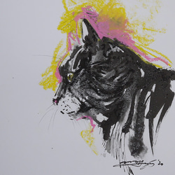 ボス猫の横顔（水彩画用紙、墨絵、パステル29，5cm×21cm