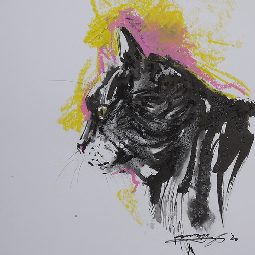 ボス猫の横顔（水彩画用紙、墨絵、パステル29，5cm