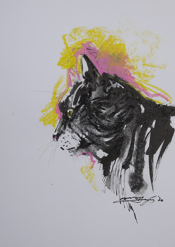 ボス猫の横顔（水彩画用紙、墨絵、パステル２９，５ｃｍ×２１ｃｍ） 1枚目の画像