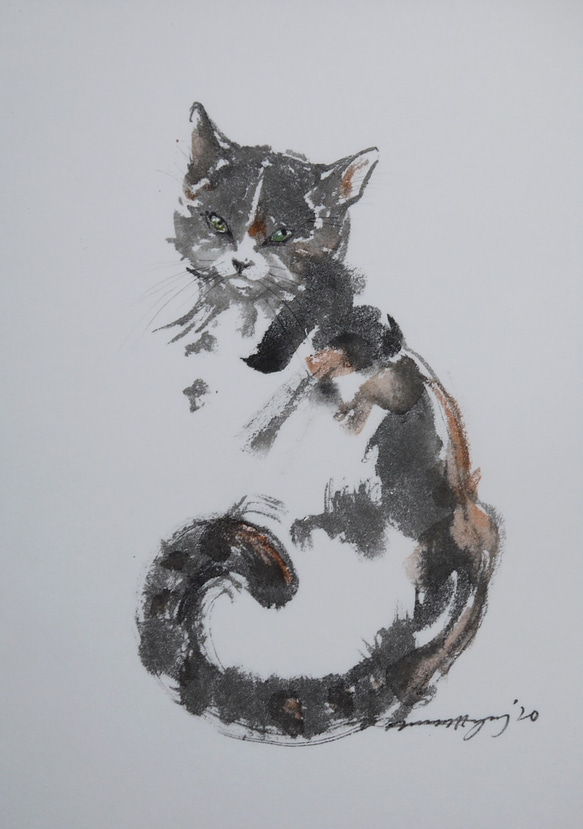 微笑む三毛猫（墨絵、厚い和紙36,4cm×26cm） 絵画 ELIXIR OF