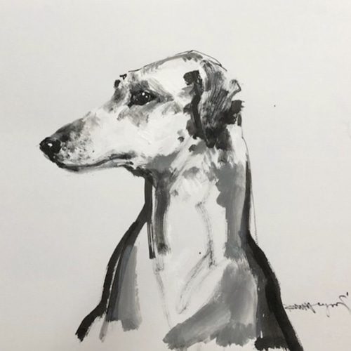 犬の水彩画 モノクロBlackB4 グレー色の犬のポートレート、Ⅰ（水彩画用紙、21cm×29cm、墨