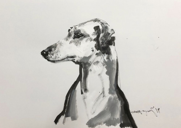 グレー色の犬のポートレート、Ⅰ（水彩画用紙、２１ｃｍ×２９ｃｍ、墨、アクリル） 1枚目の画像