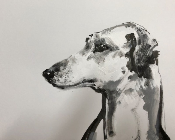 グレー色の犬のポートレート、Ⅰ（水彩画用紙、２１ｃｍ×２９ｃｍ、墨、アクリル） 2枚目の画像