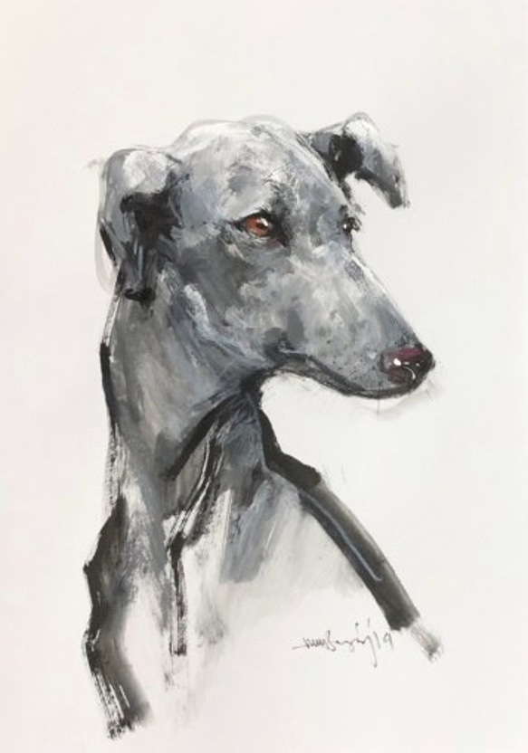 グレー色の犬のポートレート、Ⅱ（水彩画用紙、21cm×２９ｃｍ、墨、アクリルなど） 2枚目の画像