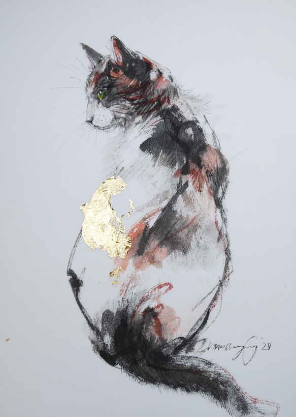 "A Calico Cat 2020"三毛猫（墨絵、金箔、厚い和紙２６，５ｃｍ×３６，５ｃｍ） 1枚目の画像