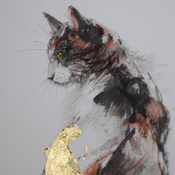 "A Calico Cat 2020"三毛猫（墨絵、金箔、厚い和紙２６，５ｃｍ×３６，５ｃｍ） 2枚目の画像