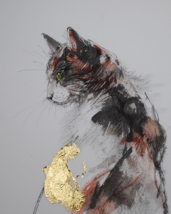 "A Calico Cat 2020"三毛猫（墨絵、金箔、厚い和紙２６，５ｃｍ×３６，５ｃｍ） 2枚目の画像