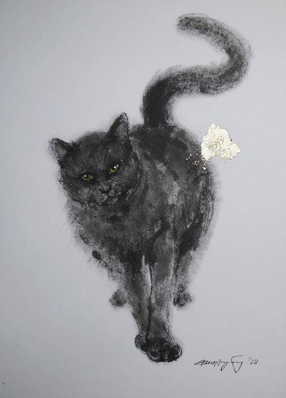 まるで黒い豹（墨絵、厚い和紙２６，５ｃｍ×３６，５ｃｍ） 1枚目の画像