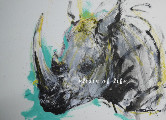 【水彩画】ポートレイト ミントを背景に。サイのポートレート（高級水彩画用紙、墨