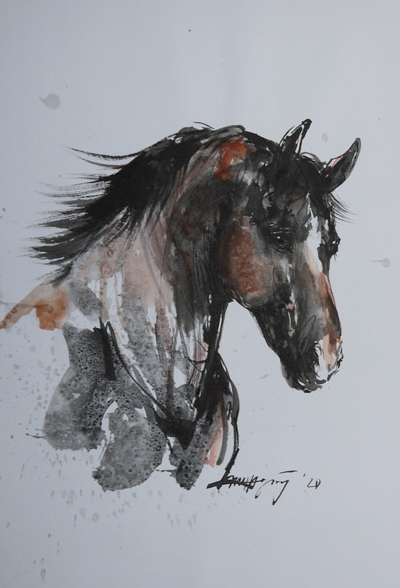 馬の小さなのポートレート（墨絵、水彩画用紙、２１ｃｍ×３０ｃｍ） 1枚目の画像