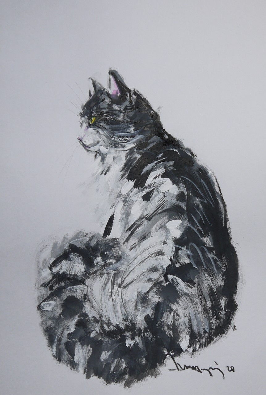 中秋の名月と猫、水彩紙24cm×35cm