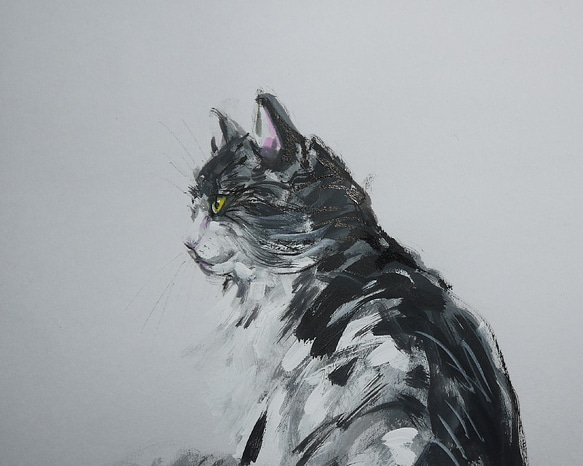 猫の白黒のポートレート（墨絵、水彩、その他、水彩画用紙２１cm×２９，５ｃｍ） 2枚目の画像