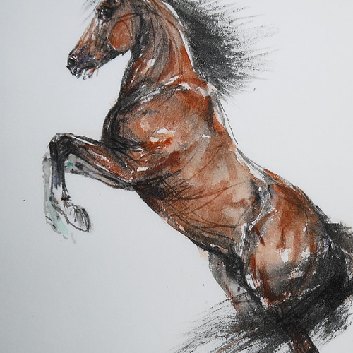 立ち上がった馬2020（墨絵、その他、厚い和紙21cm×30cm） 絵画