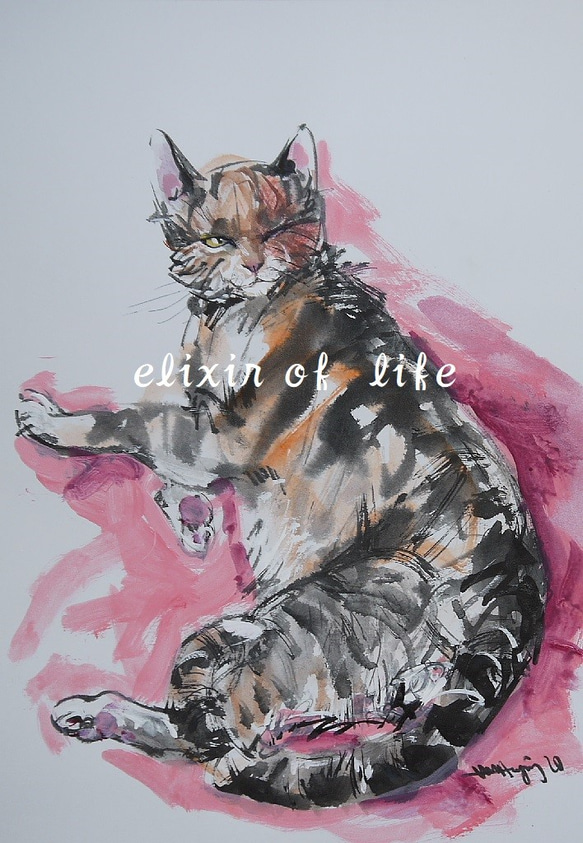 ピンクのソファーに横たわるボス猫（墨絵、アクリル、その他、水彩画用紙２１ｃｍ×３０ｃｍ） 1枚目の画像