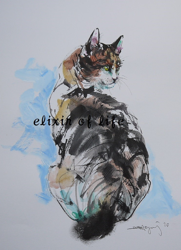 三毛猫、１（墨絵、アクリル、その他、水彩画用紙２１ｃｍ×３０ｃｍ） 1枚目の画像