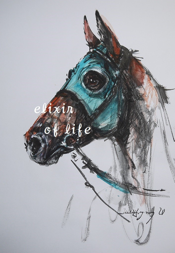 競走馬、４（墨絵、水彩画用紙２１ｃｍ×３０ｃｍ） 1枚目の画像