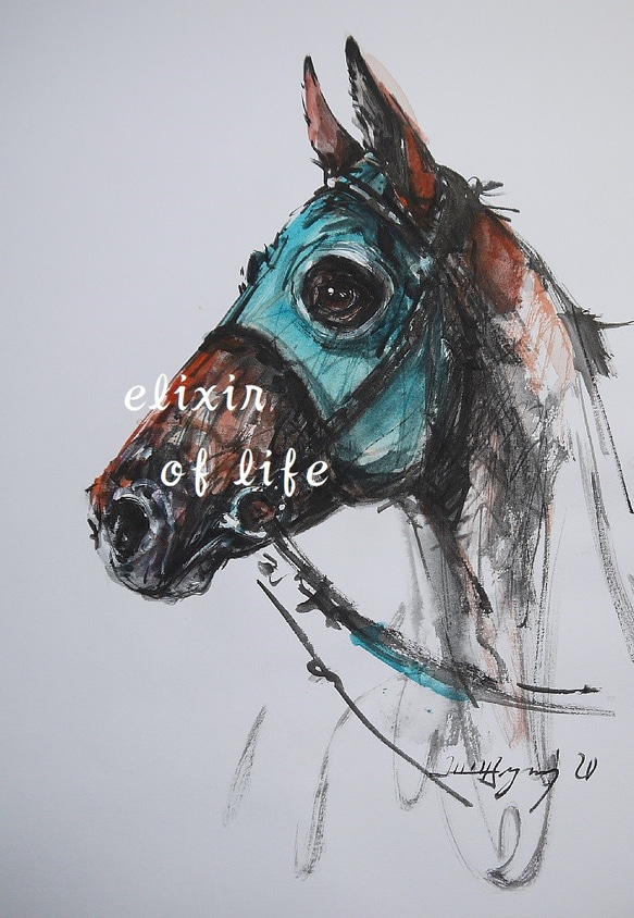 競走馬、4（墨絵、水彩画用紙21cm×30cm） 絵画 ELIXIR
