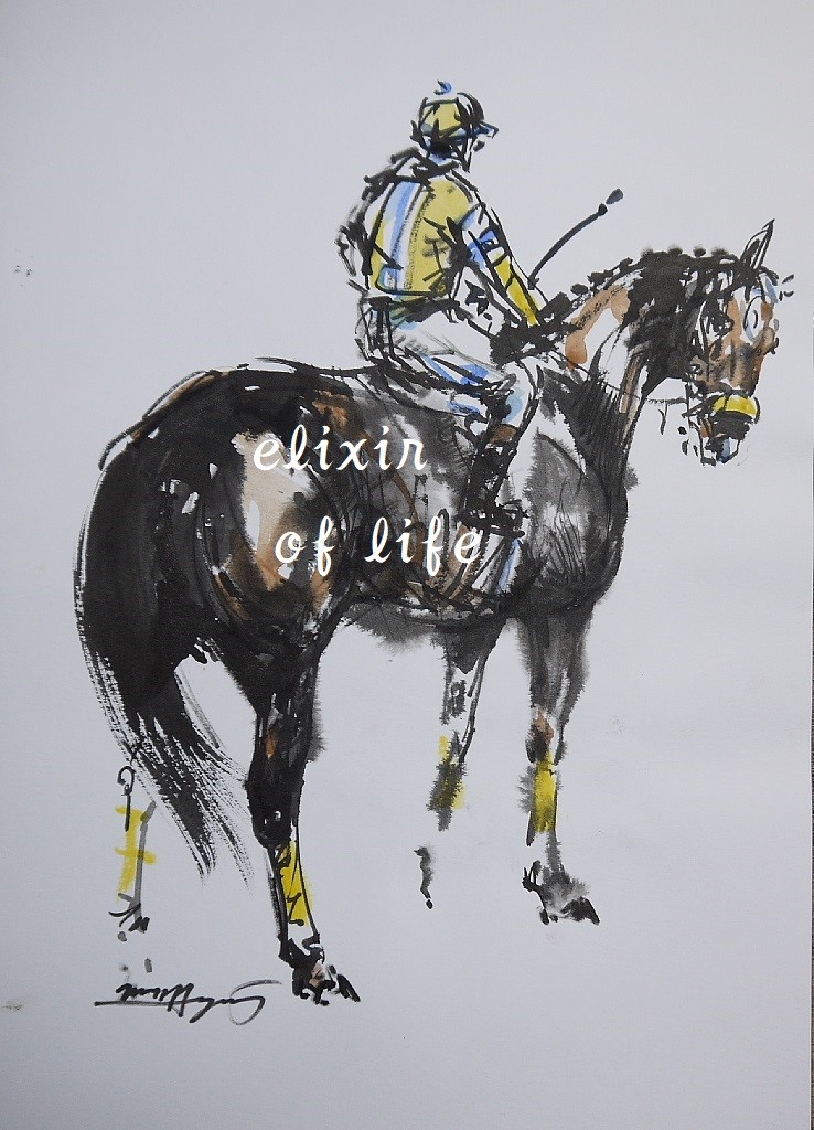 水彩画　古物　競走馬　戦前の作品　作者不明 競馬（墨絵、水彩画用紙21cm×30cm） 絵画 ELIXIR OF
