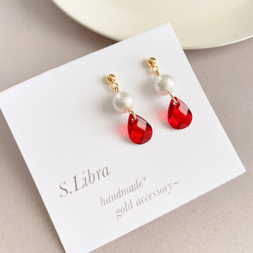 ピアス・Red*レッドミニドロップコットンパール ピアス 赤