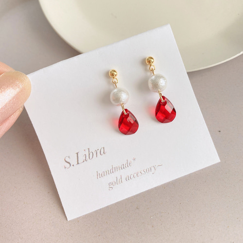 ピアス・Red*レッドミニドロップコットンパール ピアス 赤 ピアス