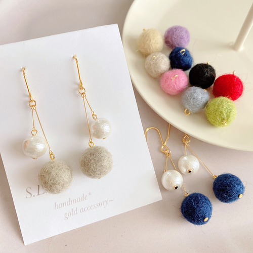 ピアス・フェルトボール×コットンパール チェリーピアス ピアス
