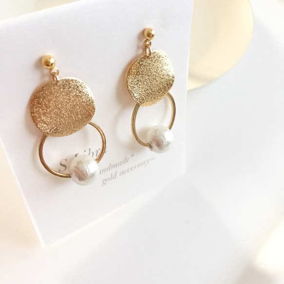 ピアス・gold*round plate コットンパールゴールドリングピアス 3枚目の画像