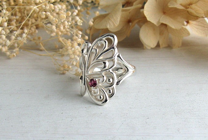 蝶　ピンクトルマリンシルバーリング　R-011