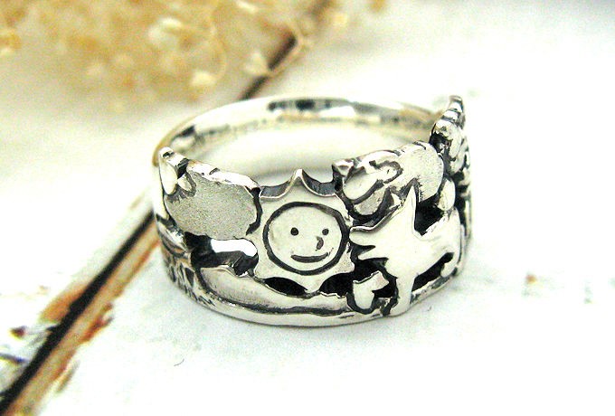 羊雲とワンコ　シルバー透かし彫りリング
