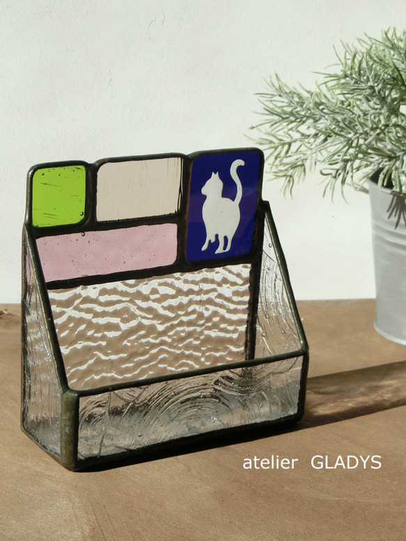 ステンドグラス　猫のカードホルダー Ｃ 2枚目の画像