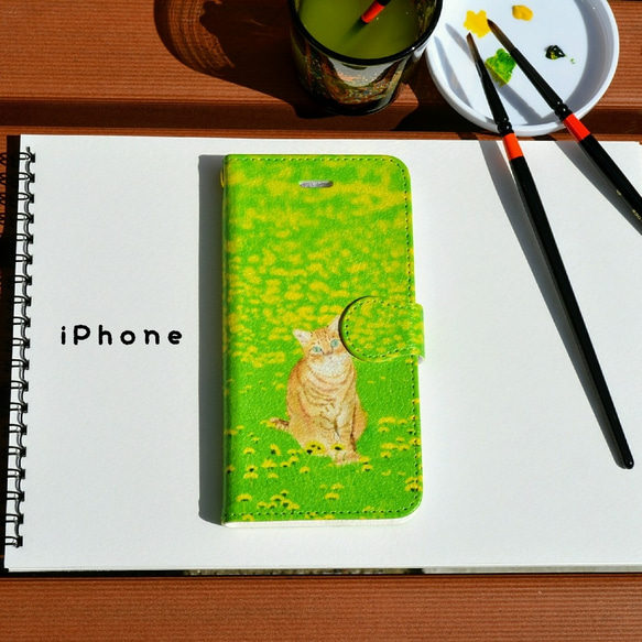 iPhone 手帳型スマホケース  たんぽぽと猫【送料無料】 1枚目の画像