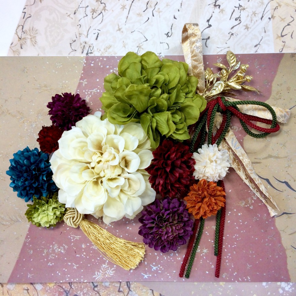 アンティーク カラー ダブル ダリア 髪飾り 選べる タッセル とオマケの リボン 結婚式