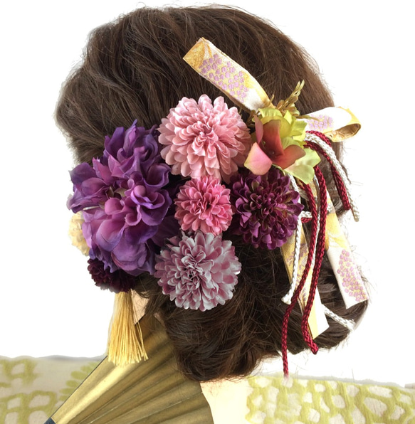 アンティーク パープル ダリア 髪飾り オマケ リボン と選べるタッセル 付き 結婚式 成人式 2枚目の画像