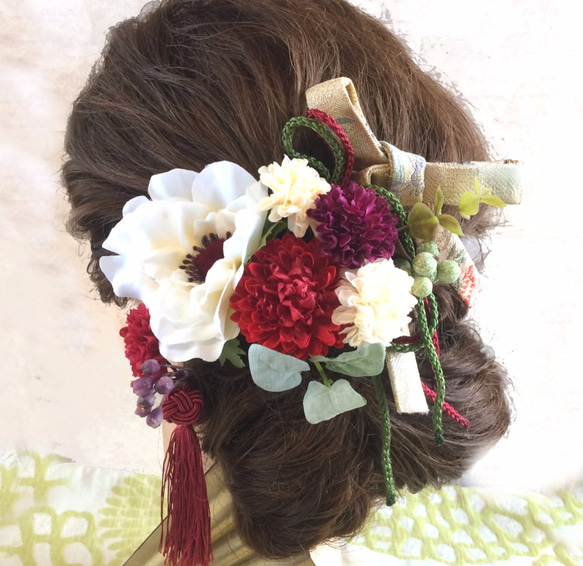 レトロ・アンティーク・アネモネとマムの髪飾り～選べるタッセル付き～結婚式・成人式・卒業式 2枚目の画像