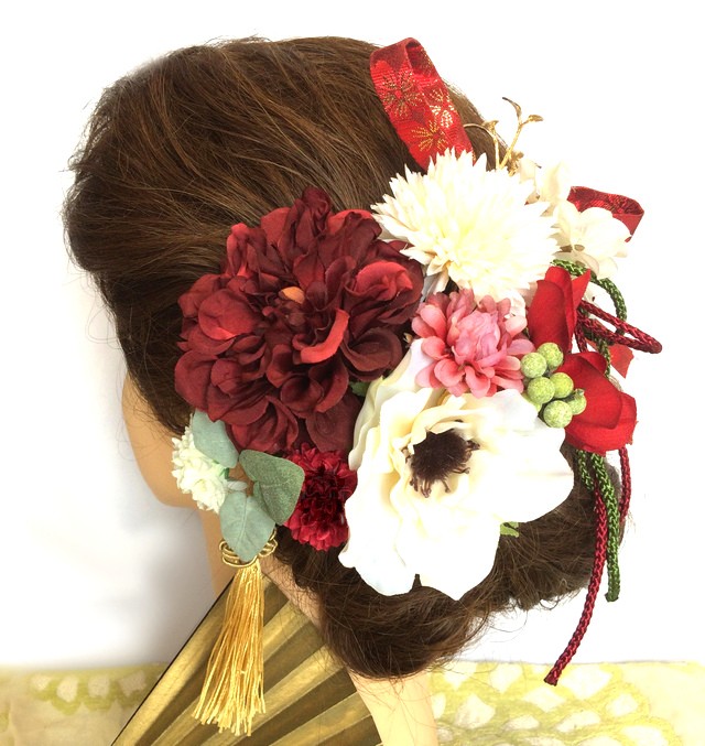 上品豪華選べる タッセル 付き ダリア と アネモネ 髪飾り C ～ 結婚式 成人式 着物