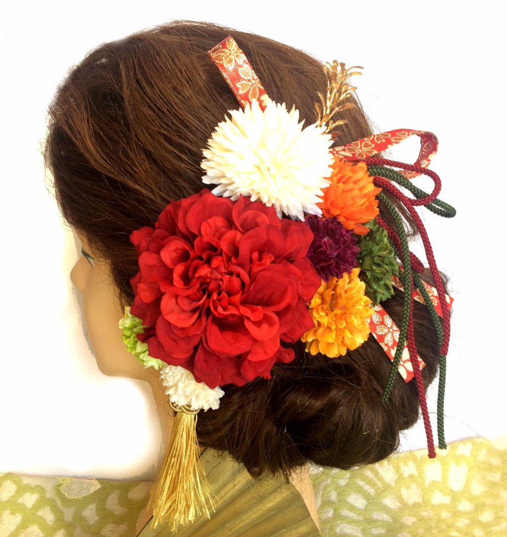 アンティーク ダリア と マム の 髪飾り 選べるタッセルとおまけの リボン 付き 結婚式　成人式　卒業式