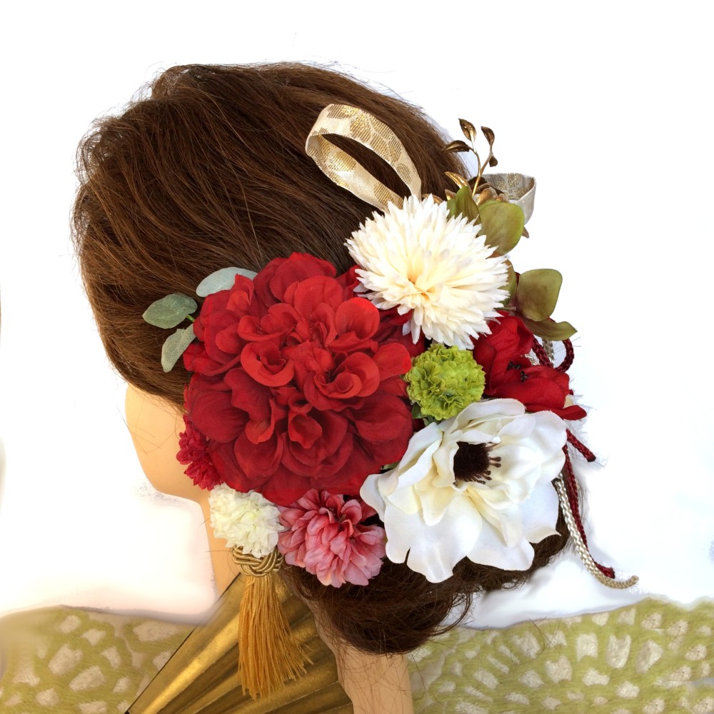上品豪華選べるタッセル付き ダリア と アネモネ 髪飾りG 結婚式 成人式 着物