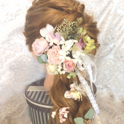 シュガー ピンク  プリンセス 系 ヘッド ドレス ( 髪飾り ) プリザーブド チュール リボン ウエディング 結婚式 1枚目の画像