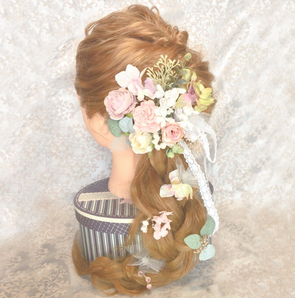 シュガー ピンク  プリンセス 系 ヘッド ドレス ( 髪飾り ) プリザーブド チュール リボン ウエディング 結婚式 2枚目の画像